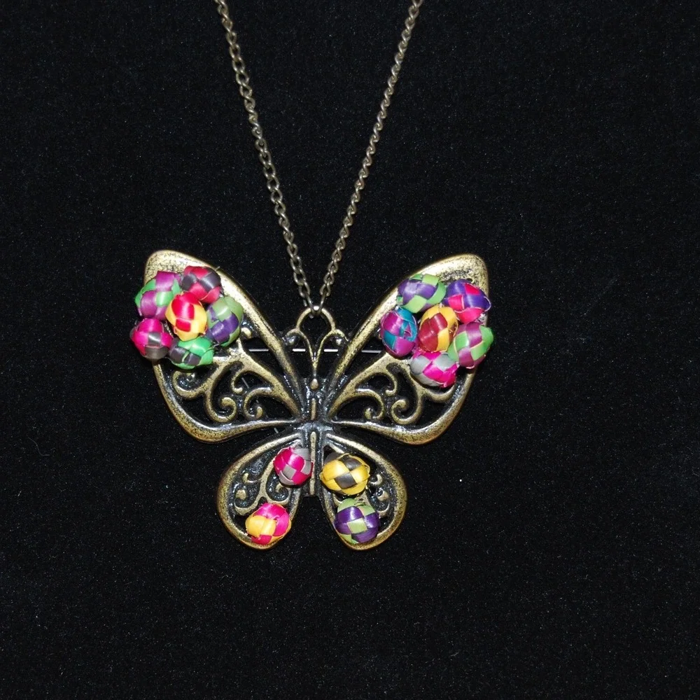 Vintage Canasta Butterfly necklace Mexican jewelry Multicolor Brass‎